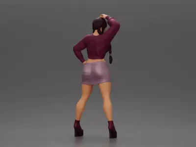 Woman in outfit striking a playful pose with braids and heels 3D print model