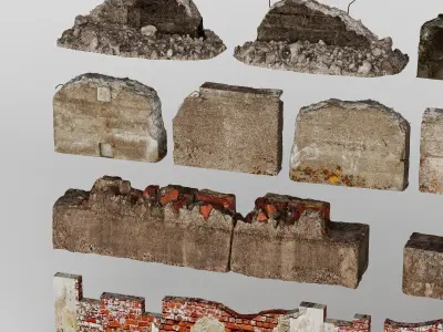 Ruined Brick Walls and Damaged Structures Low-poly 3D model