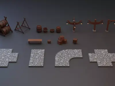 Medieval asset pack Low-poly 3D model Free low-poly 3D model