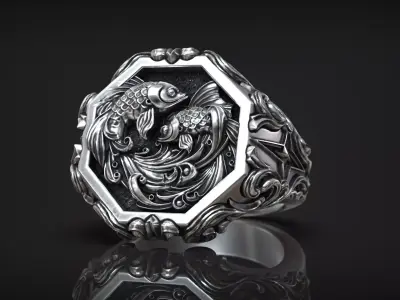 Pisces Zodiac Sign Ring Antique Relief Fish Signet 3D print model
