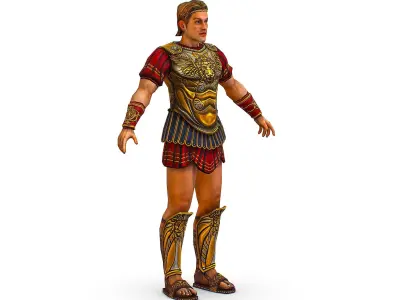 Ancient Warrior in Golden Armor and a red shirt  Low-poly 3D model