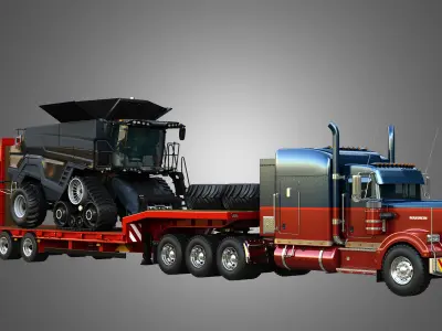 57P Heavy Duty 3-Axle Semi Truck with Combine Harvester  3 in 1 3D Model Pack
