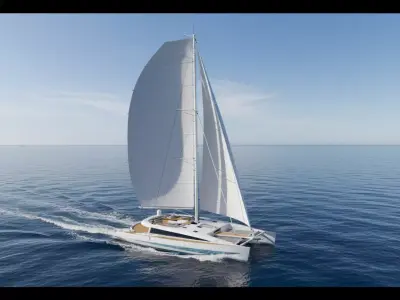 Modern Performance Sailing Catamaran White with Teak Deck 3D model