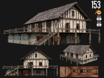 4 Old Medieval House Pack 4K Textures GameReady 153 to 156 Low-poly 3D model