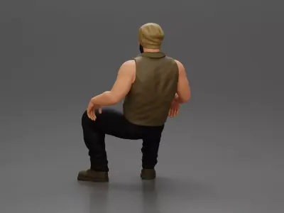 Muscular Bearded Man in Beanie Vest Pants Sitting Casually 3D print model