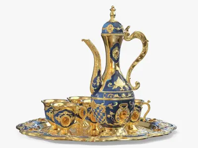 Gold Embossed Arabian Tea Set with Kettle and Cups 3D model