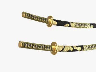 Gold Double Bladed Katana Wakizashi and Stand 3D model