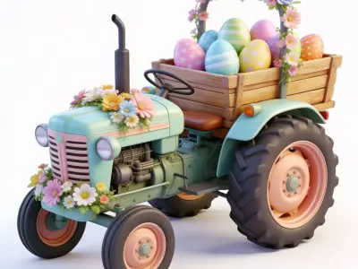 3D SPRING TRACTOR WITH EASTER EGG CART Low-poly 3D model