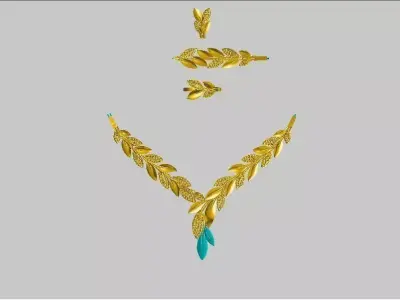 full set necklace with gold and turquoise leaves 3D model