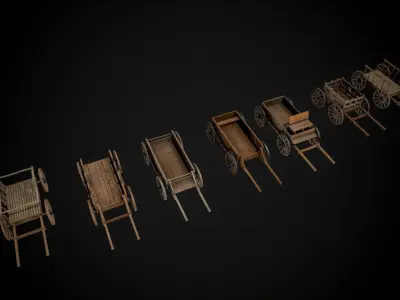 Medieval Wooden Horse Cart Collection Pack Of 7  Low-poly 3D model