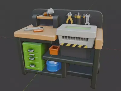 Stylized Workbench with Tools Game Ready 3D Model Low-poly 3D model