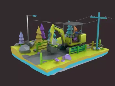 Cartoon diggers Low Poly Excavator 3D model