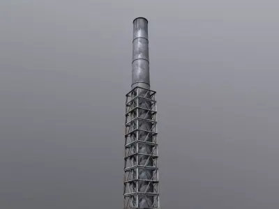 Industrial Smokestack Tower with Steel Support Frame Low-poly 3D model