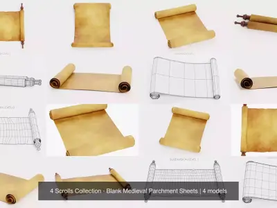 4 Scrolls Collection - Blank Medieval Parchment Sheets 3D Model Pack