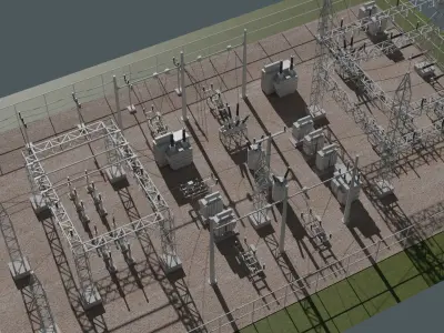 substation power station with wires and poles 3D model purchase