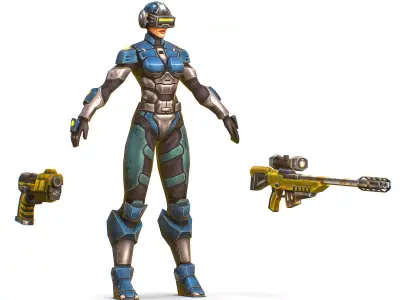 Cartoon Sci-Fi Cyborg Drone Sniper Soldier Low-poly 3D model 4