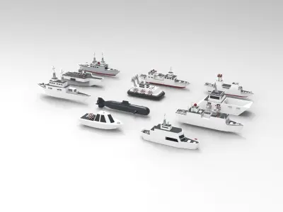 Battleship Collection group of ships and submarines Low-poly 3D model