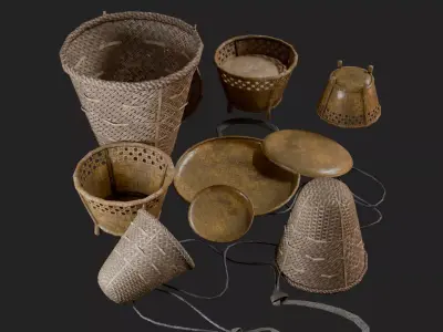 PBR Traditional Bamboo Basket Game Ready Pack Low-poly 3D model