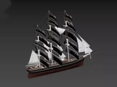 Black Clipper Ship 19th Century Tall Ship with Full Sails 3D model