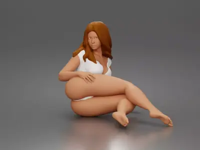 Woman lounges sideways wearing plunging bodysuit relaxed 3D print model