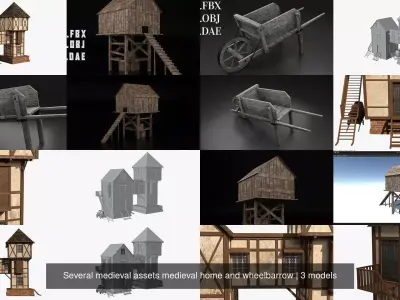 Several medieval assets medieval home and wheelbarrow 3D Model Pack