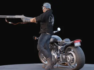 Biker on motorcycle with shotgun 3D model
