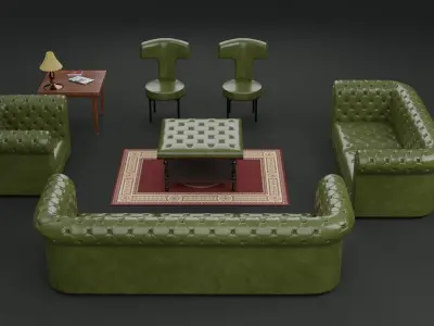 Chesterfield Realistic Leather Antique Green Sofa Set Collection Low-poly 3D model