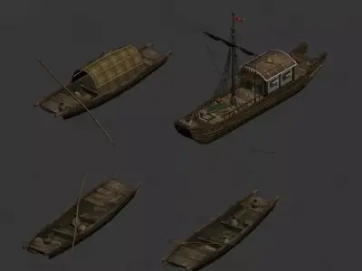 4 wooden boats plank boats small boats ancient fishing boats 3D model