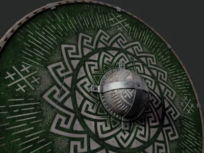 Slavic round leather shield-painted green with pagan symbol Low-poly 3D model