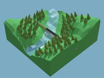 Train On Bridge Low Poly Scene Low-poly 3D model