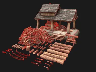 Sawmill and Lumberjack Set Low-poly 3D model