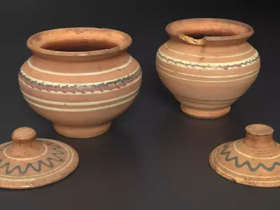 Rustic Antique Clay Pot Set Low-poly 3D model