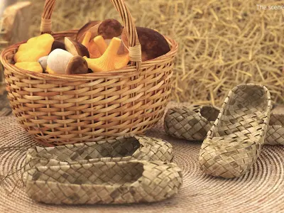 Two Pairs of Bast Shoes and Rustic Mushroom Basket 3D model