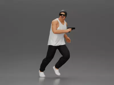 Gangster Man in Beanie Tank Pants Sneakers Running with Gun 3D print model