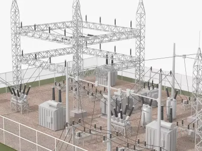 substation power station with wires and poles 3D model purchase
