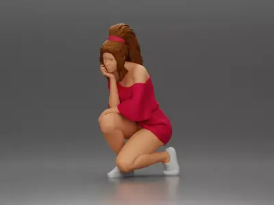 fashionable girl in beachwear is sitting and looking 3D print model