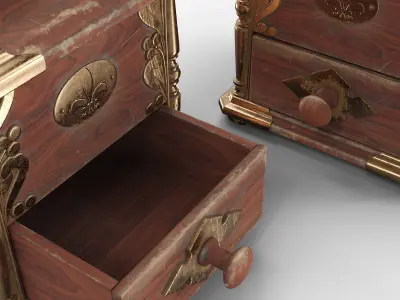 Retro Cast Iron Coffee Grinder on Carved Wood Chest Brown Gold Rigged 3D model