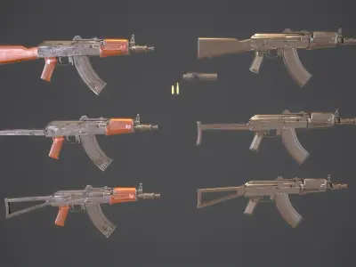 AKS Russian Assault Rifle Game Ready 6 Variations Low-poly 3D model