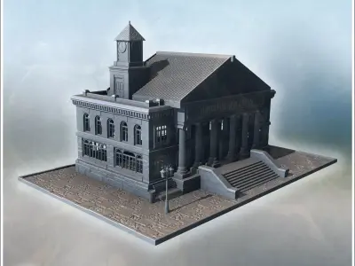 Historic cinema building with large columns clock tower and deco 3D print model