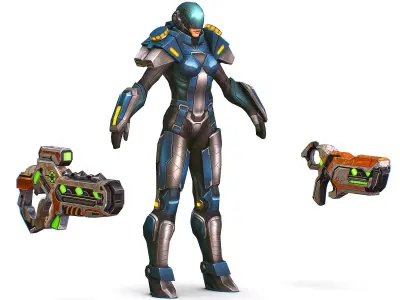 Low Poly Cyborg Soldier with Automatic Rifle and Pistol 3dsMax  Low-poly 3D model