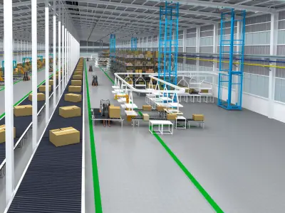 Automated logistics warehousing and sorting center 3D model