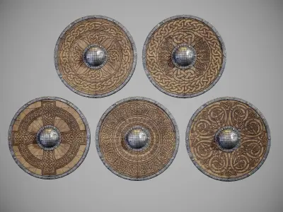 Round shield with carved nordic ornament Low-poly 3D model