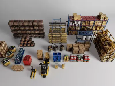 Warehouse Props Pack Pallets Barrels Crates Forklifts Racks Low-poly 3D model