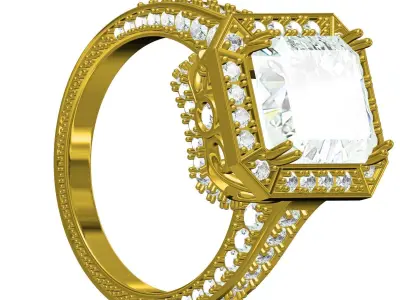 Antique Emerald Stone Round Diamond halo Filigree Ring 3D print model