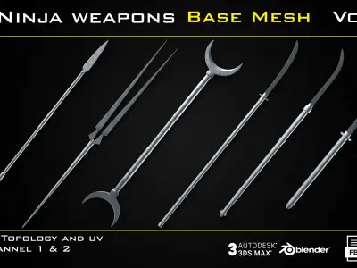 25 Ninja Weapons - BASE MESH - VOL04 - Game ready Low-poly 3D model