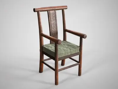 Old Wooden Armchair - Rustic Medieval Chair With Cushion Low-poly 3D model