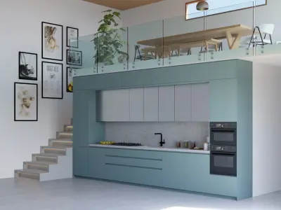 Linear Modern Kitchen blue and chrome with industrial staircase 3D model