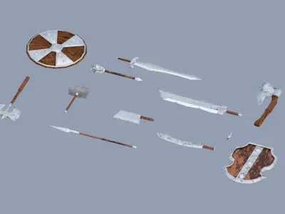 Low Poly Weapon Set for RPG Games Swords  Axes and Shields Low-poly 3D model