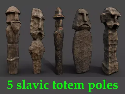 AAA Carved Slavic Wooden Medieval Settlement Totem Statue Pack 3D Model Collection