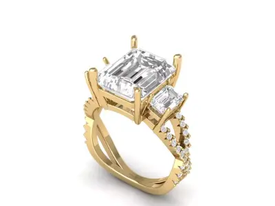 Emerald 3 Stone Art Deco Ring 3D print model 8
